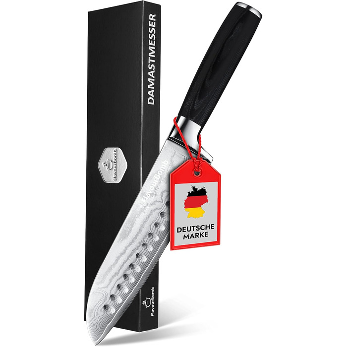 Нож Сантоку з дамаської сталі FlavourBomb | 18 см | Кухонний ніж для професіоналів | Дамаська сталь, ручка Micarta + безкоштовна електронна книга
