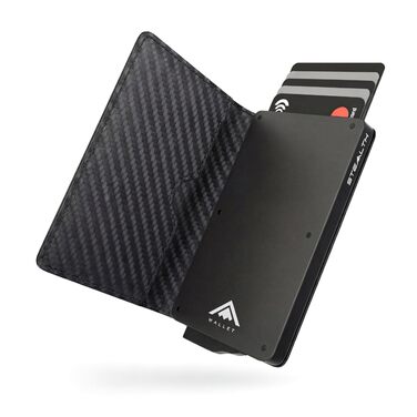 Гаманець RFID захист Stealth Wallet для чоловіків - мінімалістичний висувний картхолдер з алюмінію та шкіри (срібний/чорний, карбон/чорний)