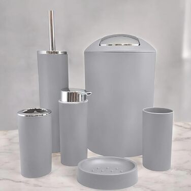 Комплект аксесуарів для ванної кімнати 6tlg Badset: органайзер, мильниця, стакан для зубних щіток, відро для косметики, щітка для унітазу з тримачем, мильниця, сміттєвий бачок, тримач для зубних щіток (Сірий, дизайн 2a)