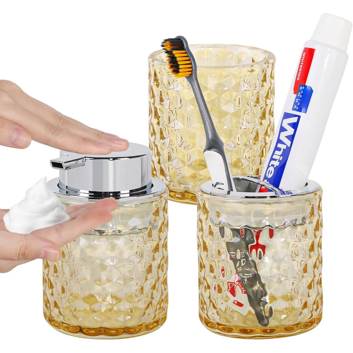 Pink bathroom accessory set made of glass, including a toothbrush holder, soap dispenser, and cup, foaming soap dispenser and toothbrush holder, 3 pink bathroom cups for brush, toothpaste (amber and silver).