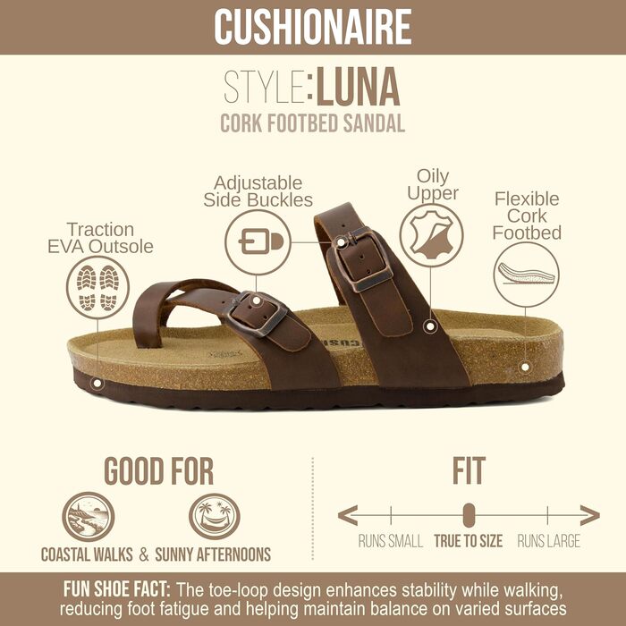 Сандалі жіночі CUSHIONAIRE Luna – зручні шльопанці, коричневий, 37 EU, широка колодка