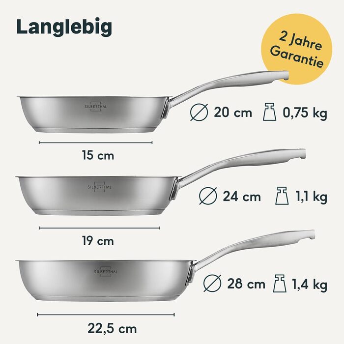 SILBERTHAL 3-Piece Stainless Steel Non-Stick Fry Pan Set - 20, 24, 28cm - Induction Compatible, Oven Safe