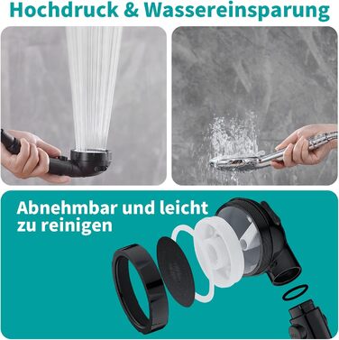 MIAOHUI Shower Head, Water-Saving with Water Stop Function, 3 Spray Patterns, Pressure-Boosting Shower Head, Shower with Hose and Holder, Black