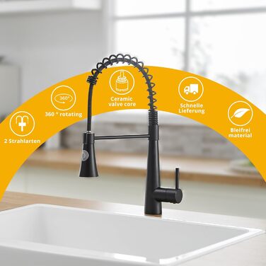 Кухонний змішувач TIMACO з поворотним гусаком 360° та висувною лійкою, чорний, з щіткою з нікелю