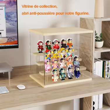 Joody Vitrine made of acrylic, Plexiglas boxes with 2 tiers, display case with door for Pop figures, minifigures, collectible toys, storage organizer for display case, dustproof with 2 shelves (Extended) – Original wood color (4 tiers – Walnut wood)