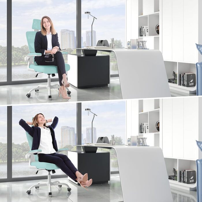 Офісне крісло Naspiro, ергономічне з регульованою підголовником, підлокітниками, підтримкою попереку, поворотне з дихаючою сіткою, для дому/офісу, зелене