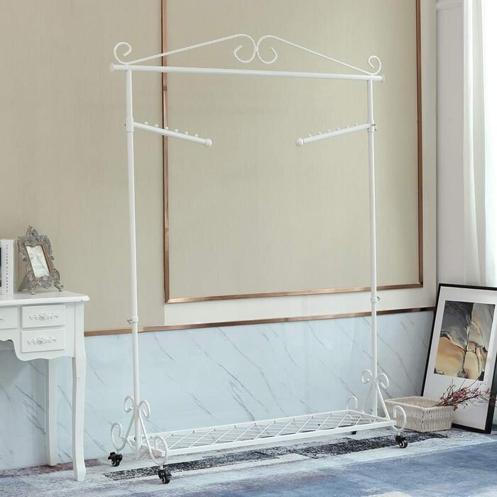 Clothes Rack, Garment Rod, Coat Rack with Shoe Storage, Width 136cm, Vintage Style Metal, Height Adjustable from 126 to 200 cm (White with Wheels)