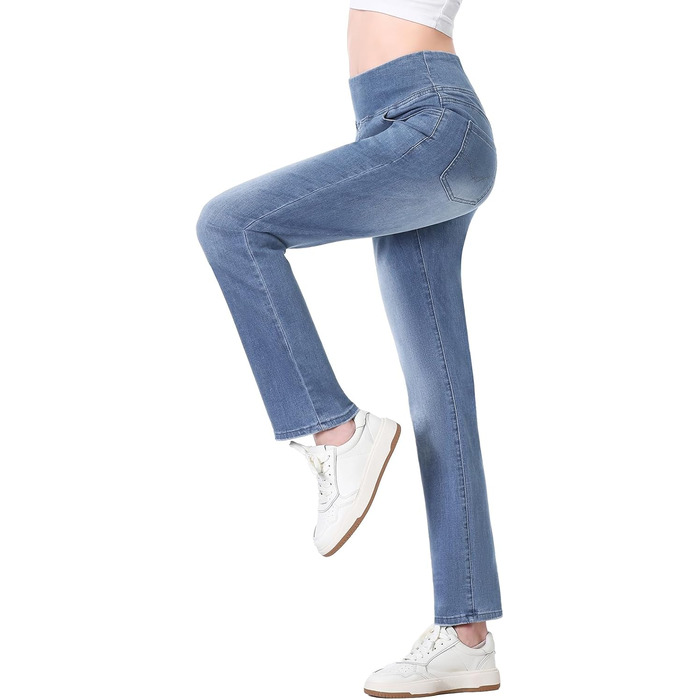 Жіночі джинси Dunke Bau: Прямі джинси-джеггінси з високою талією, еластичний денім, 4 кишені, модний bootcut, середньо-синій колір, розмір S (29)