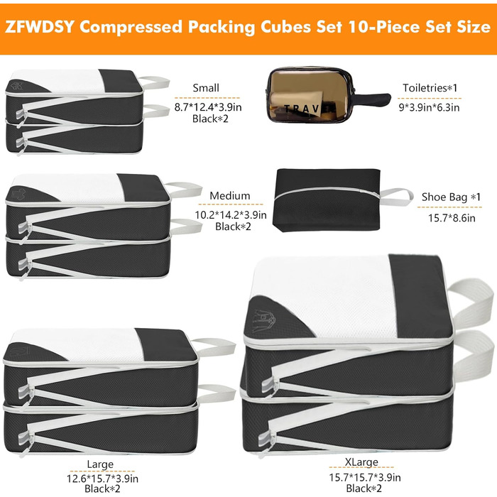 Набір кубиків для пакування 10 шт. Компресійні органайзери для валіз. Компактні, розширювані, чорні. Організація багажу для подорожей