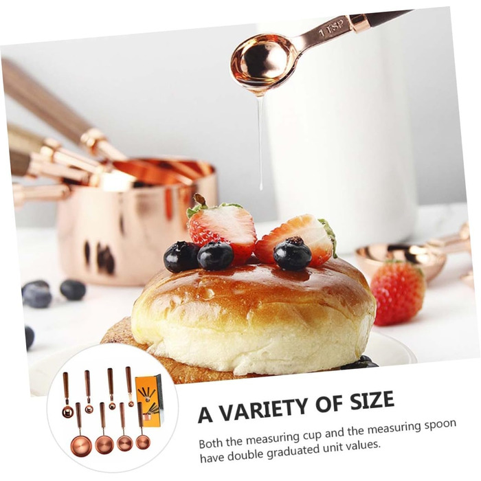 GREENADSCAPE 8-Piece Measuring Cup and Spoon Set for Bakers, Stainless Steel, Walnut Handle, Rose Gold, Multifunctional Kitchen Tool