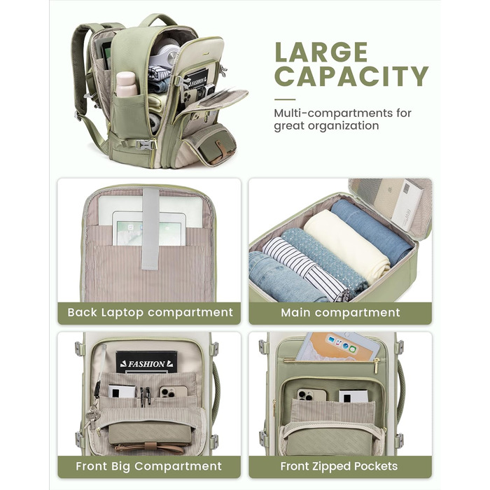 Рюкзак LOVEVOOK 40L для ручної поклажі в літак, водонепроникний, з відділенням для ноутбука 17 дюймів, для подорожей, роботи, хайкінгу, оливково-бежевий
