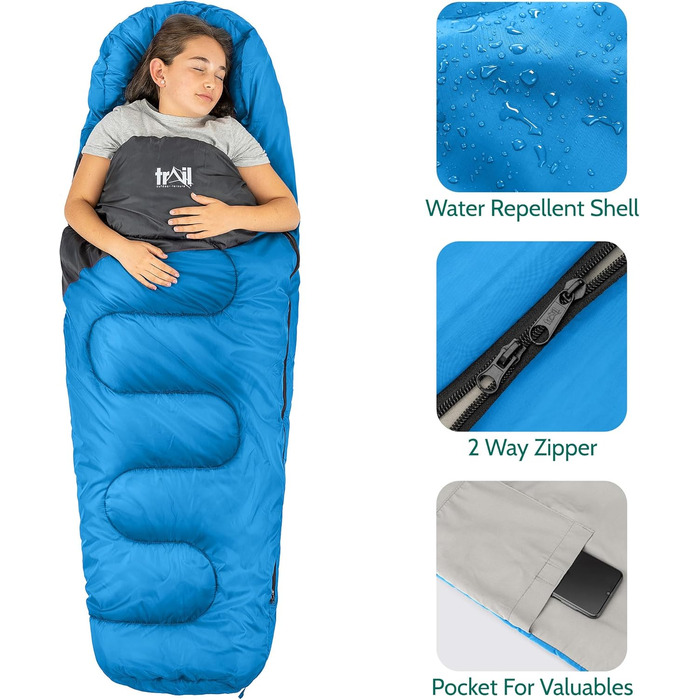 Дитячий спальний мішок Trail Mumienschlafsack 3 сезони для кемпінгу – 300gsm – для хлопчиків та дівчаток – з легким рюкзаком (Блакитний)