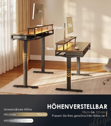 OffiGo Electric Standing Desk with Drawers, 120cm Adjustable Height Desk with Monitor Stand, Gaming Desk with Power Outlets & LED Light Bar, Brown Office Desk - 120 x 54cm