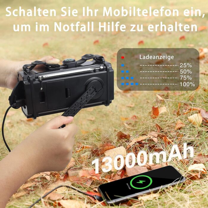 Радіо на сонячній енергії та з ручним крученням 13000mAh, AM/FM/SW, USB-зарядка, ліхтарик 800LM, компас, SOS-сигнал, чорний