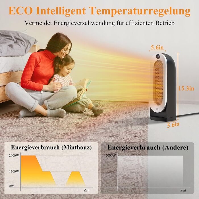 Керамічний обігрівач Minthouz 2000W з дистанційним керуванням, ECO-режимом, осциляцією 70°, таймером на 12г та захистом від перегріву, електричний обігрівач для приміщень
