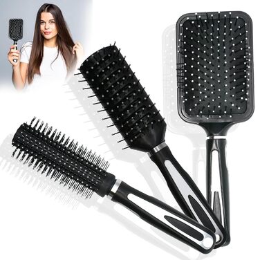 Набір гребінців для волосся 3 шт. з круглими щітками (радіальні) та щіткою з отворами для провітрювання, для розчісування мокрого та сухого волосся, для жінок, чоловіків, дітей