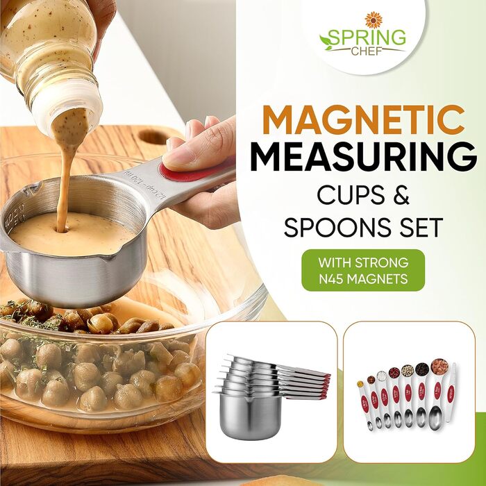 Spring Chef Magnetic Measuring Cup and Spoon Set (Patent Pending), strong N45 magnets, durable stainless steel, fits spice jars for baking & cooking, BPA-free, round, 15-piece set with