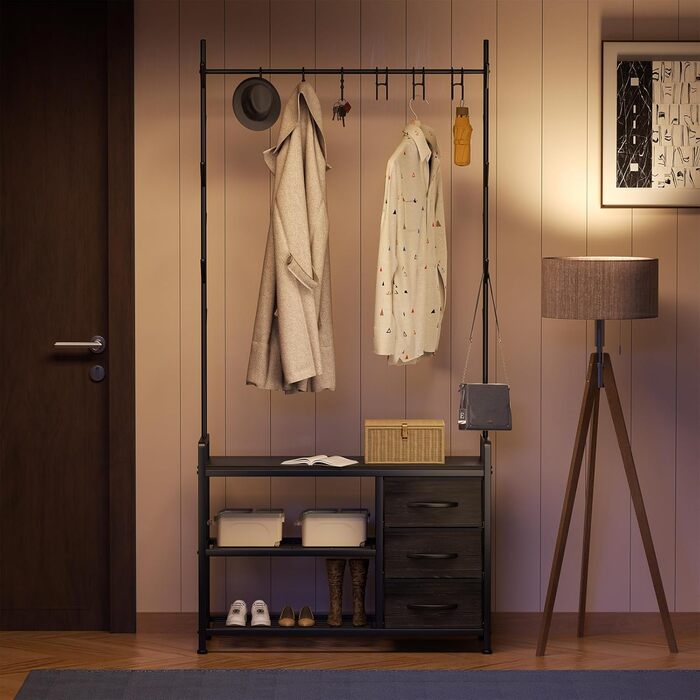 Вішалка для одягу з лавкою Leader Accessories, метал, чорний/чорне дерево, 176x30x84 см