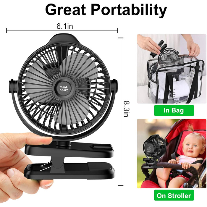 Портативний міні-вентилятор Minthouz з кліпсою, 8000mAh, 5 швидкостей, тихий, для дому, офісу, кемпінгу, дитячої коляски