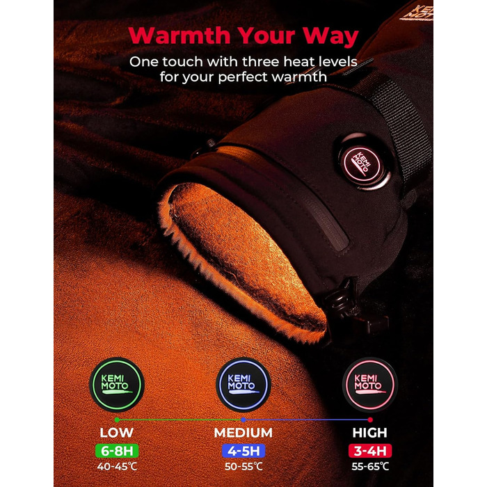 Обогревні рукавички KEMIMOTO з акумулятором 2500mAh, електричні зимові рукавички для чоловіків та жінок, рукавички з підігрівом та сенсорним екраном для катання на лижах, риболовлі, походів (Чорний, M)