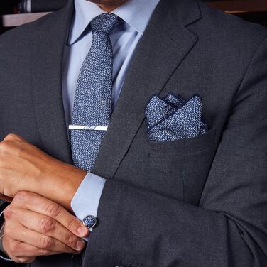 Елегантний подарунковий набір для чоловіків: краватка, кишеньковий хустинка, запонки, краватки-кліпса та кнопка-заглушка | Ідеально для офісу, весілля, костюма та сорочки | Чоловічий подарунковий набір (синій з геометричним візерунком)