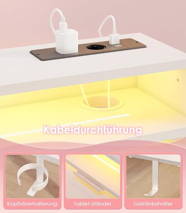 Офісний стіл для геймінгу OffiGo, 140 см, регульована висота, RGB LED, розетки, 3 полиці, тримач для напоїв та навушників, поверхня з карбону, білий