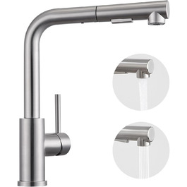 Кухонний змішувач висувний BONADE з душем, 360° поворот, змішувач для кухні з 2 струменями, з нержавіючої сталі, однорідний