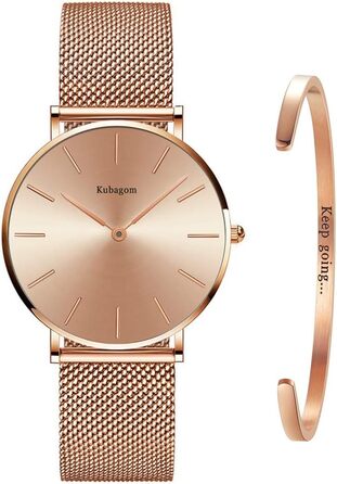 Жіночий годинник аналоговий кварцовий з нержавіючої сталі, водонепроникний, з мікросіткою, ультратонкий комплект з браслетом (рожеве золото, рожеве золото, рожеве золото)