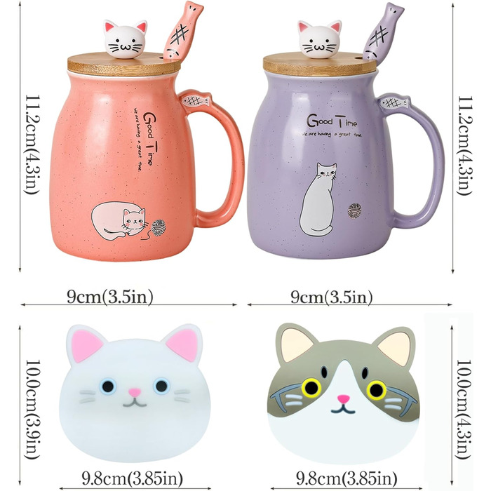 2-Pack Cat Mugs - Cute Ceramic Coffee Cups Set of 2 with Bamboo Lid and Spoon. Novelty Morning Cup Coffee, Milk, Tea Cups - 3D Cat Animal Mugs for Cat Lovers (Red and Purple)