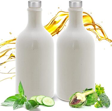 Gourmet Vinegar & Oil – Bottles with Pourer, Made in Germany, Handcrafted. Exclusive stoneware bottles, unique, timeless, and chic. Pourers in Deluxe Silver (2x 500ml, white)