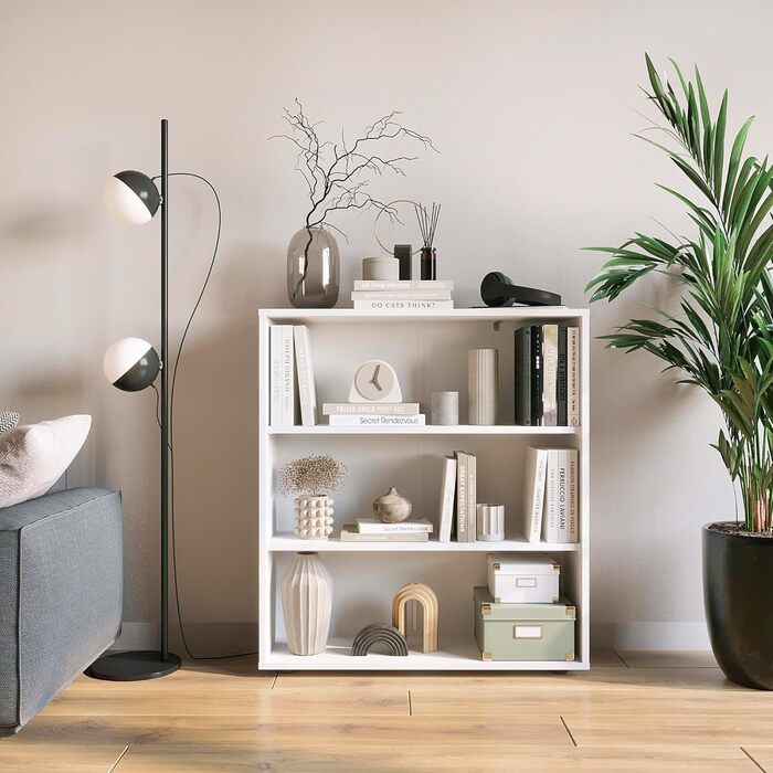 Білий книжковий стелаж KOMTO Regal 80 см, 3 рівні, з регульованими полицями, 80x90x24 см, універсальний для зберігання