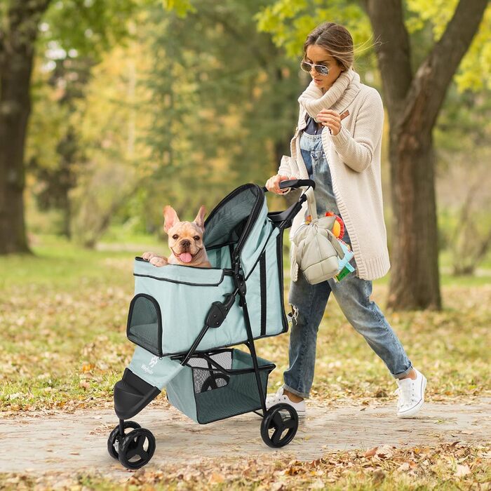 Дитяча коляска для тварин, складна, для котів/собак, з кошиком для зберігання та тримачем для напоїв, 3 колеса, для собак та котів, для маленьких або середніх собак, котів, цуценят (Блакитно-зелений)