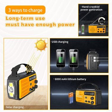 Радіо TKMARS Notfall 8000mAh: радіо з ручкою, FM/AM, сонячна панель, зарядка 2 телефонів, 3-рівні освітлення, SOS-сигнал
