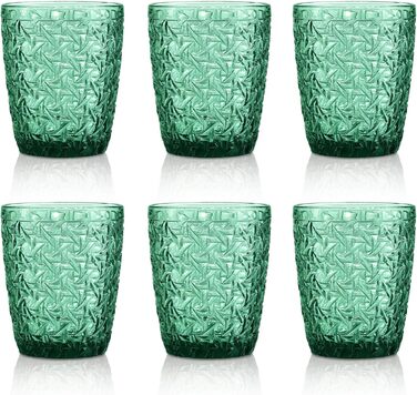 Joeyan 300ml Green Glass Set, 6-Piece, Vintage Colored Drinking Glasses with Embossed Design, Colorful Water Glasses Dishwasher Safe