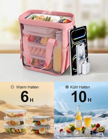 Сумка-холодильник 20 л, рожева: ізольована сумка-ланчбокс з PEVA-підкладкою, кілька відділень та плечовим ременем для роботи, школи, авто, пікніка