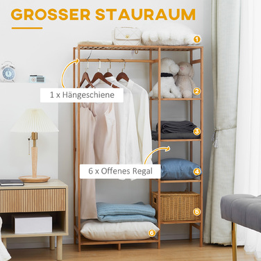 HOMCOM Clothes Rack Coat Stand with Clothes Rod, Shoe Storage, Shelf, Bamboo Wardrobe for Bedroom, Exhibitions, Laundry Room, Utility Room, Natural Wood | Aosom