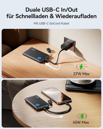 Power Bank INIU 10000mAh 45W USB-C PD3.0 з ліхтариком, бежевий - Зовнішній акумулятор для iPhone, Samsung, iPad
