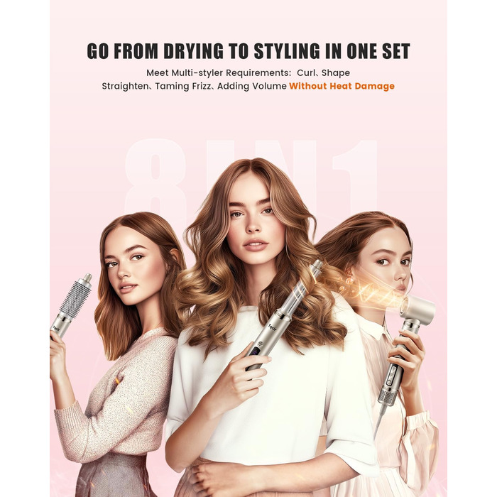 Airstyler 8-в-1: комплект для укладки та сушки волосся з автоматичною завивкою, щіткою, концентратором, дифузором, швидка сушка, без пошкодження волосся, золото