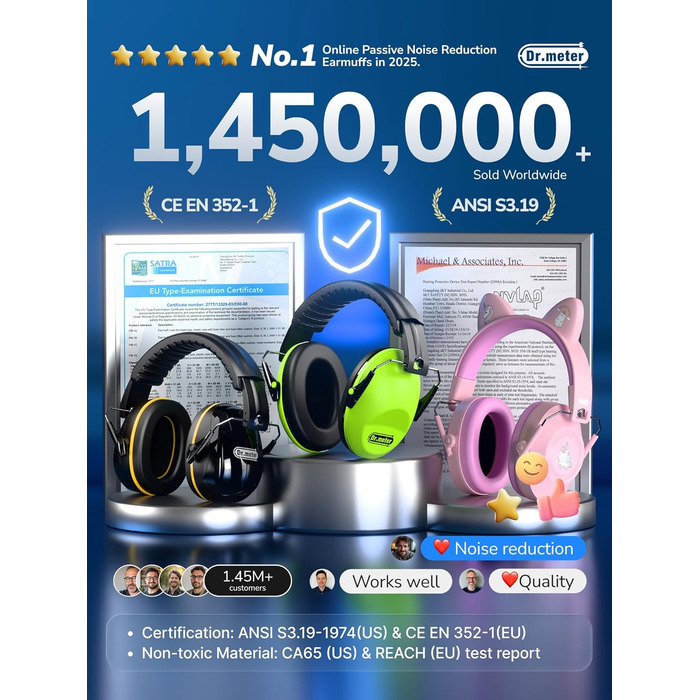 Захисні навушники Dr.meter SNR 31dB: комфортні та регульовані для дорослих, чорно-жовті