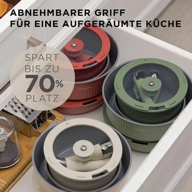 Набір каструль Kasanova Eaziclip 9 шт. з керамічним покриттям, індукційні, знімні ручки, антипригарні, з кришками (зелений)