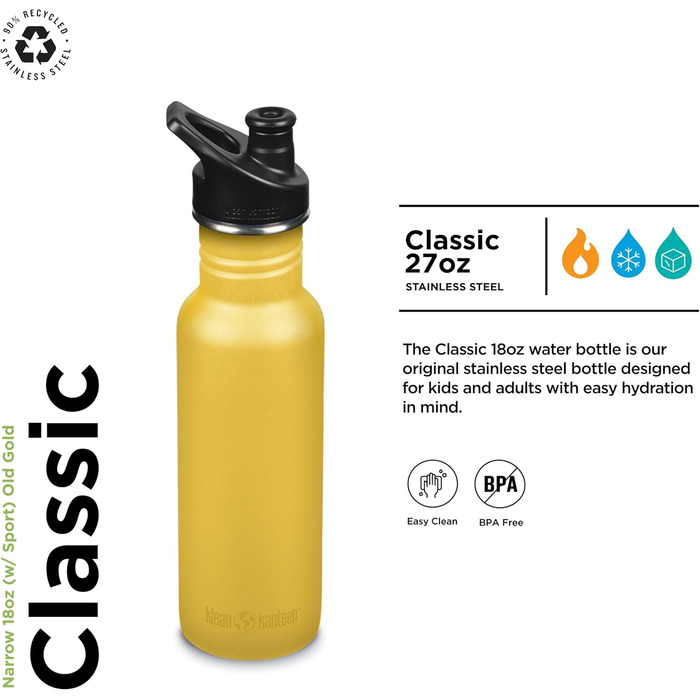 Klean Kanteen Classic Narrow Water Bottle Old Gold 532 ml