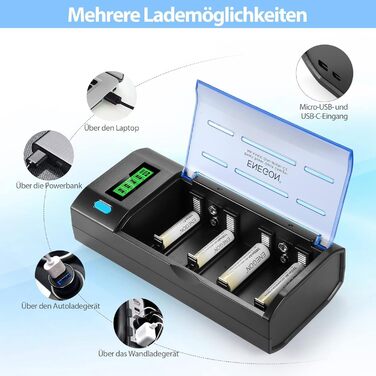 Зарядний пристрій ENEGON для акумуляторів AA/AAA/C/D/9V NiMH/NiCD з LCD дисплеєм та функцією розряду – 4 слоти, чорний