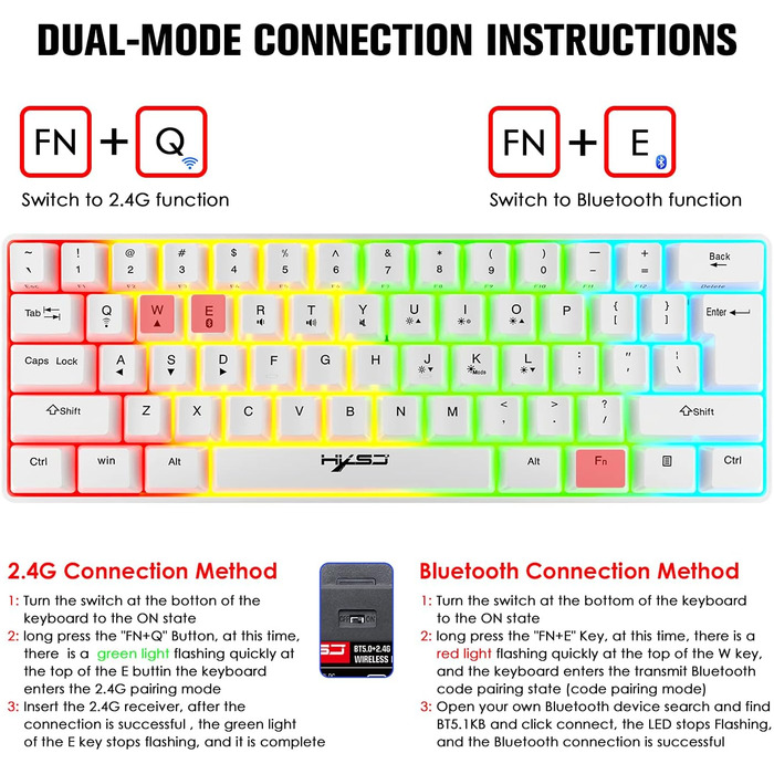 Механічна ігрова бездротова клавіатура з підсвічуванням RGB та миша Bluetooth 5.0/2.4G USB - Dual Mode, 2200 mAh, Anti-Ghosting, білий колір