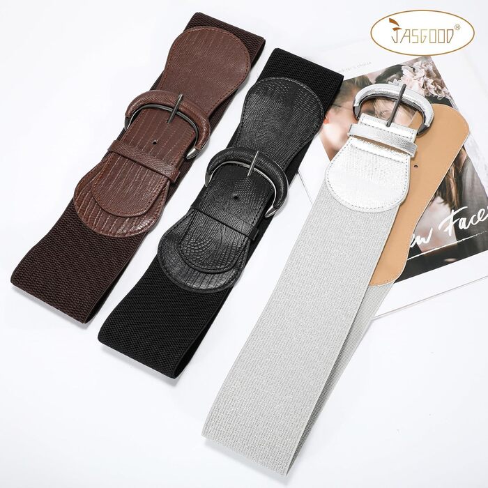 Жіночий широкий еластичний пояс JasGood 2 шт. для суконь та піджаків, ремінь для талії, чорний/кава, розмір M (76-90 см), L (91-105 см)