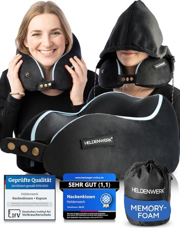 Подушка для шиї Comfy від HELDENWERK для подорожей літаком/автомобілем - Memory Foam, 6-позиційне регулювання, для дорослих, чорна