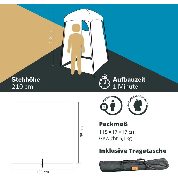 Skandika Camping Shower Tent | Changing Tent with 210cm Height, Silver-Coated, Private, Separate Ground Sheet, Coverable Window with Mosquito Net, Shower Attachment | Toilet Tent (Quick Setup)