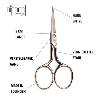 Nippes Solingen ножиці для вишивки та шиття, 9 см, нікельована сталь, швейні ножиці для рукоділля та чистого обрізання ниток