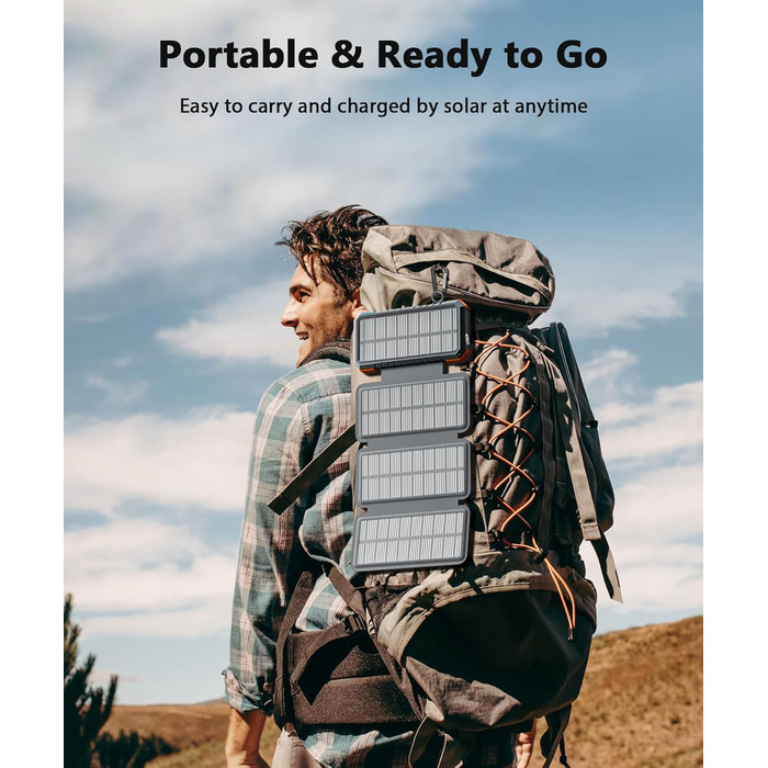 Сонячний Power Bank WASTDE 26800mAh з сонячною панеллю, USB-C, 18W, вологостійкий, з ліхтариком (SOS), для телефонів та планшетів, помаранчевий