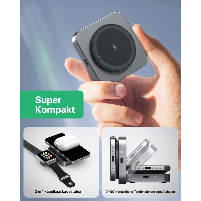 Бездротова зарядка MagSafe для Apple Watch та iPhone (сірий колір), сумісна з iPhone 16 15 14 13 12, iWatch Series, AirPods Pro 3 2