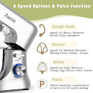 Stand Mixer, Zuccie Stand Mixer Quiet Stirring Mixer including 5L Stainless Steel Bowl, 3 Mixing Tools, Splash Guard, Dough Scraper, and Egg Separator, 8+P Speed Dough Mixer Silver